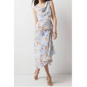 WHBM Ruched Floral Dress in Blue and Cream